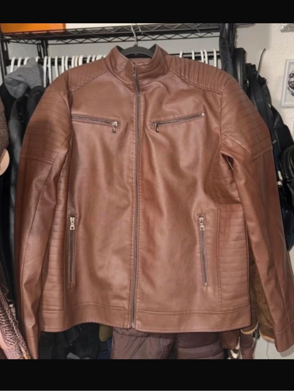 Brown Men's Faux Leather Jacket - Classic Zip Front